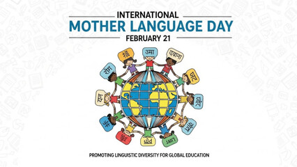 International mother language day, february 21, promoting linguistic diversity for global education with children holding signs around the globe