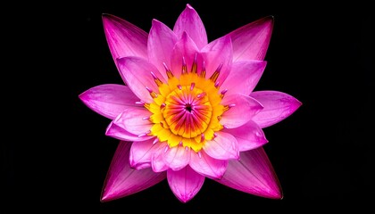 Close-up of a vibrant pink water lily with a yellow center, isolated on a black background