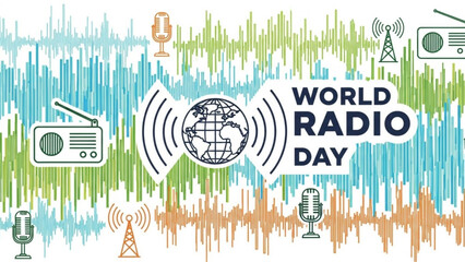 World radio day celebration with globe, microphones, radios and towers on colorful sound wave background with communication and broadcasting