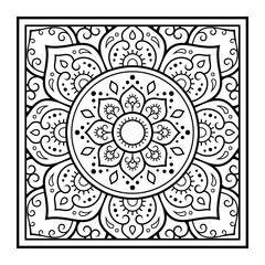 Decorative pattern of flowers and paisley for printing on fabric. Ornament for a bandana, a silk neckerchief, a tablecloth or a kerchief. Square sketch in tribal or oriental style.