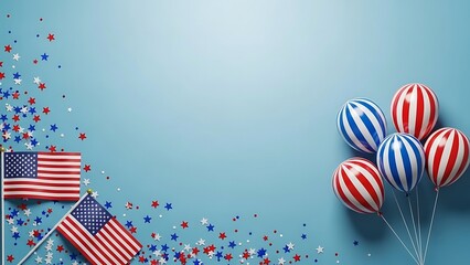 Obraz premium Patriotic celebration background with american flags and balloons