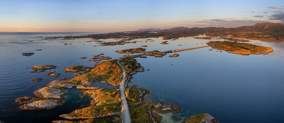 panoramic view of the Atlantic Ocean Road near Kristiansund in central Norway at sunset © makasana photo