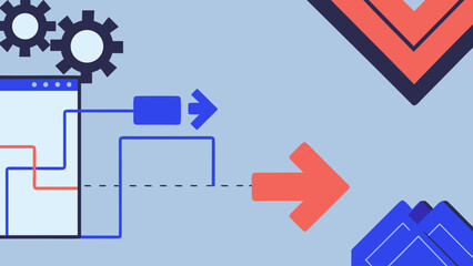 Flat illustration of abstract data flow with geometric shapes and arrows on blue background