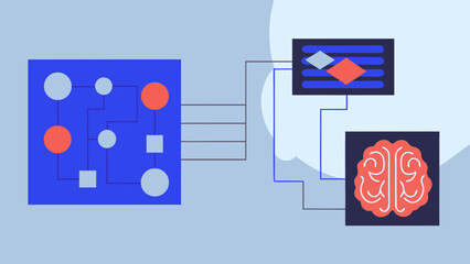 Flat illustration of artificial intelligence workflow with brain network and data processing