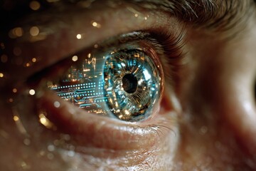 Futuristic Artificial Eye with Glowing Digital Iris and Neon Data Streams
