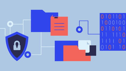 Flat illustration of cybersecurity protection with shield and files, binary code on blue