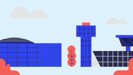 Flat vector artwork of abstract architecture forms with blue buildings and orange accents