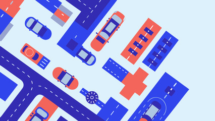 Flat illustration of urban mobility concept with cars and roads in blue and orange hues