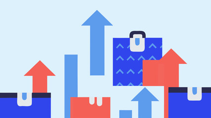Flat vector artwork of e commerce growth abstract with briefcases and arrows indicating