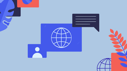 Flat vector artwork depicting global communication with abstract symbols and icons on a light