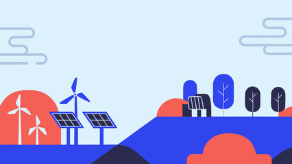 Flat vector artwork depicting a renewable energy landscape with wind turbines and solar panels