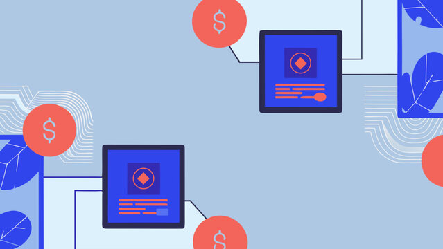 Flat illustration of a blockchain network with blue and orange graphics and dollar signs
