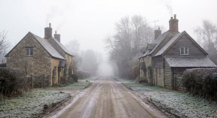 Empty Rural Village Road in Foggy Winter Morning