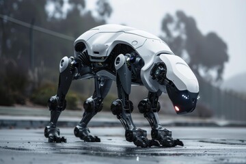 White and black four legged robot standing still on wet asphalt in a foggy day