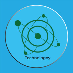 Science and Technology Logo Icon with Atomic Structure on Blue Background.