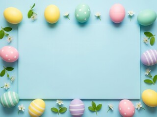 Pastel easter eggs bordering a blank blue card