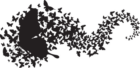 Butterfly Swarm Silhouette &ndash; Elegant Flying Butterflies Black Vector on White.