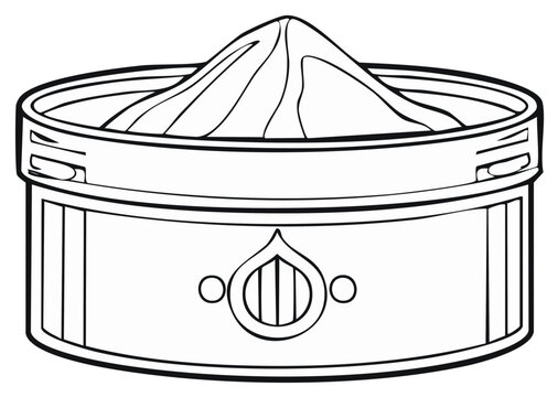 Hand drawn black and white illustration of a round traditional tin with mounded snuff tobacco