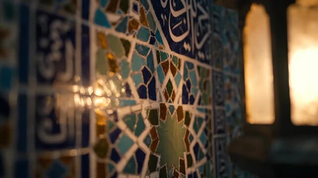 Warm Lantern Glow Illuminating Intricate Islamic Mosaic Tiles with Arabic Calligraphy