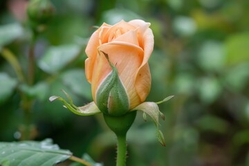 Peach colored rosebud about to bloom on a rose bush in a garden