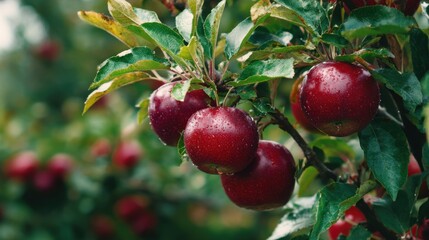 Elegant photo of Clusters of ripe red apples with water droplets hanging on a branch in a sunny orchard