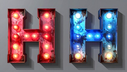 Illuminated Letter H - Red and Blue Marquee Lights.
