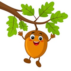 Cartoon acorn with a smiling face and limbs hangs from a branch with leaves