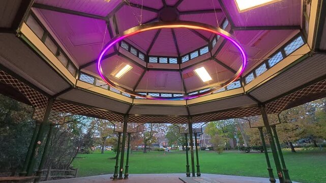 Interior View of Alex Christie Bandshell with Colorful Beach GLOW Light Installation at Dusk, Toronto