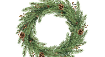 Evergreen Christmas wreath with pine cones and berries on black background pine needles