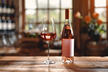 Rose wine tasting experience featuring a bottle and glass of rose wine on a rustic wooden table in a winery tasting room