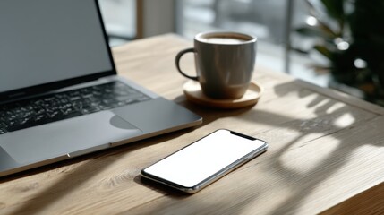 Laptop, smartphone, coffee on desktop for remote work