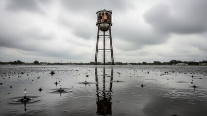 Rustic water tower amid rainfall reflections on overcast day near water surface