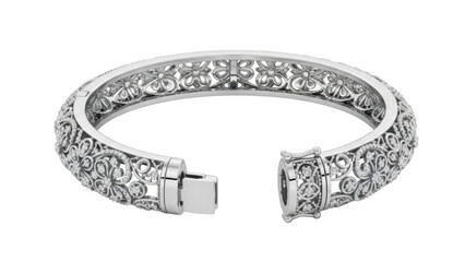 Ornate white gold diamond filigree bangle bracelet with floral motifs and clasp diamonds