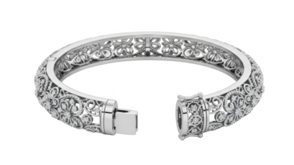 Ornate white gold diamond filigree bangle bracelet with floral motifs and clasp diamonds