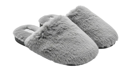 Pair of fluffy grey faux fur slippers on a black background footwear shoes