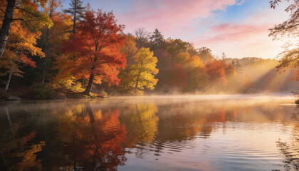 Obraz premium Lake with Few Trees, Nature's Calm Mountain Scene - Serene Blue Landscape in Sky and Tree, Majestic Sunlight