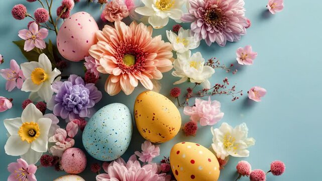 Colorful Easter eggs and spring flowers flat lay background animation filling the screen