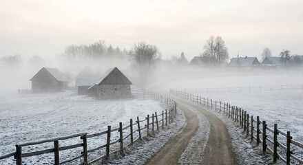 Peaceful Winter Morning in Rural Village with Soft Fog and Sunrise Light