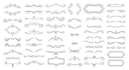 Large set of elegant black line art flourishes and decorative dividers featuring curls and scrolls for sophisticated wedding and editorial layout designs.