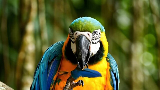 Beautiful macaw parrot with bright blue, green, and yellow feathers preening its plumage with beak against a blurred green background