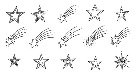 Collection of hand-drawn star illustrations including basic five-pointed stars, shooting stars with trails, and sparkling celestial symbols.