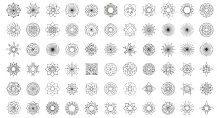 Library of intricate geometric line-art mandalas, stars, and celestial symbols for spiritual, technical, or decorative graphic design use.