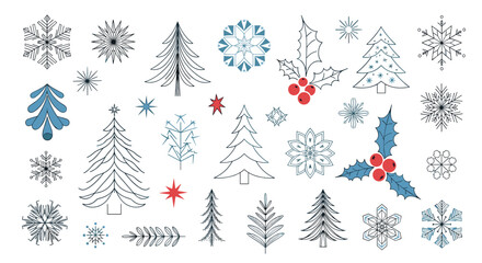 Festive set of winter holiday illustrations featuring Christmas trees, intricate snowflakes, stars, and holly sprigs with red berries.