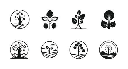 Set of eight solid black icons representing trees, plants, and sustainable nature conservation efforts within circular and organic frames.