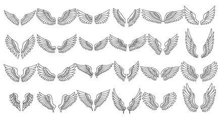 Collection of diverse pairs of angel or bird wings shown in various positions and styles from simple outlines to detailed feather sketches.