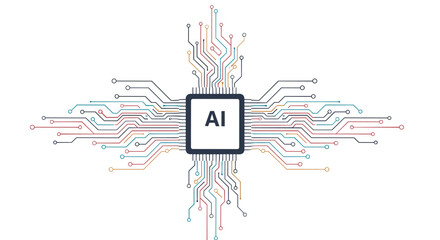 Artificial intelligence technology concept featuring a central AI processor unit surrounded by complex and colorful circuit network paths.