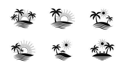 Set of six minimalist black icons depicting tropical island scenes with palm trees, sun rays, huts, and ocean waves at sunset or sunrise.