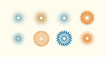 Collection of eight sunburst and circular mandala graphics in blue and orange featuring different radiating line densities and patterns.