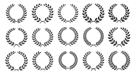 Fifteen diverse black laurel wreaths and olive branches symbolizing victory, peace, and achievement for awards and official emblem designs.