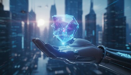 Futuristic Robotic Hand Holding Holographic Geometric Shape Over Urban Cityscape at Dusk with Glowing Lights